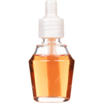 Single clear glass refill bottle of amber fragrance oil with a white plastic cap on a white background