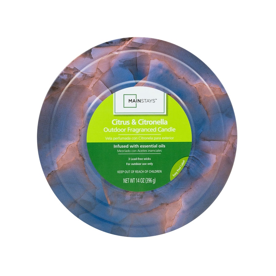 Top-down view of the bowl lid showing a green Mainstays Citrus & Citronella product label.