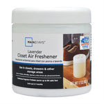 Front-facing Mainstays lavender closet air freshener gel jar with label showing product image and usage text