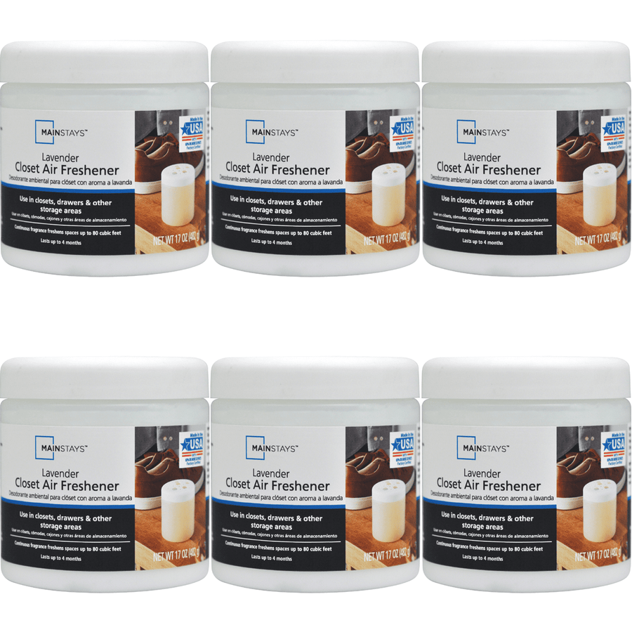 Six Mainstays lavender closet air freshener gel jars shown together with white lids and product labels