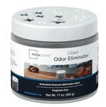 Studio shot of a Mainstays Closet Odor Eliminator jar with white decorative perforated lid and full product label, front view.