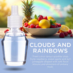 Mainstays oil refill bottle staged with fruit bowl and rainbow background, product name and scent text