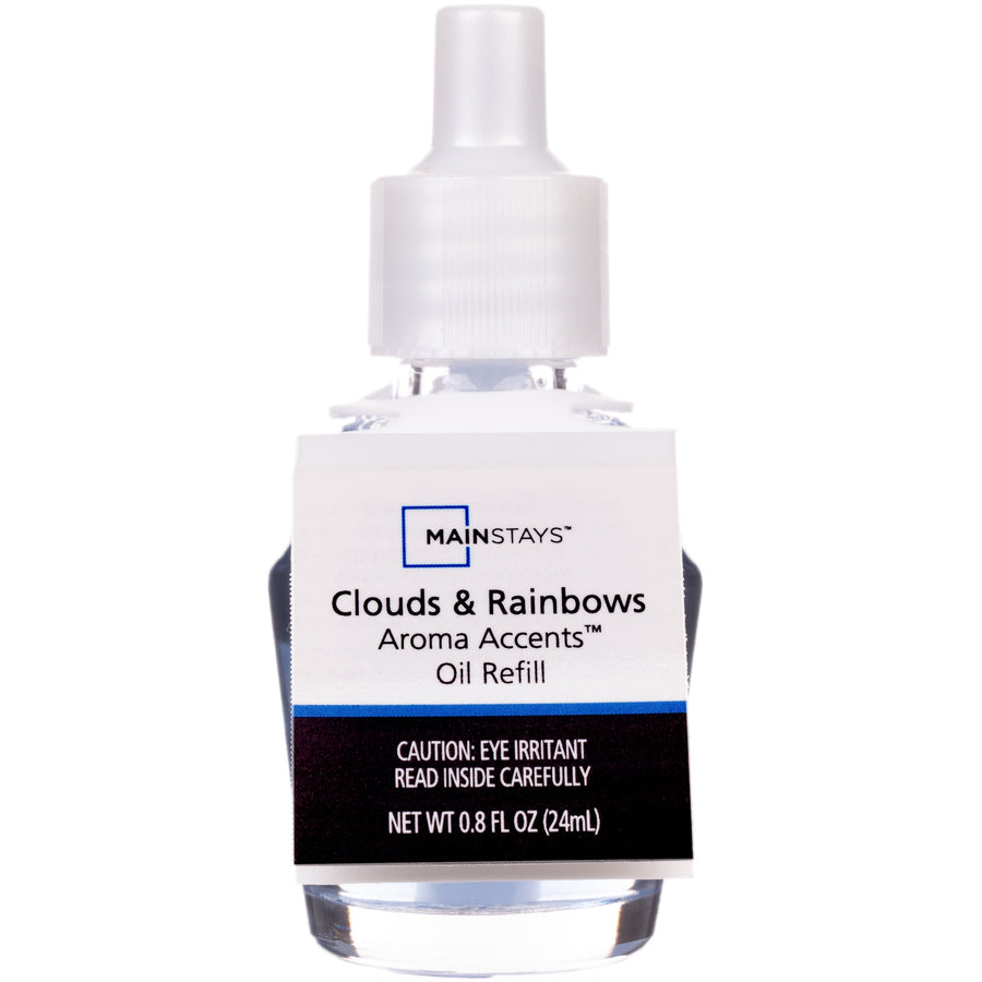 Clear glass refill bottle with light blue oil and white plastic dropper cap, front label visible
