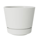 Vanilla-colored round plastic planter with attached saucer shown on white background, front view