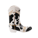 Profile view of black-and-white ceramic cowboy boot planter showing shaft and toe details