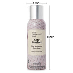 Mainstays Cozy Comfort room spray can with measurements indicating 1.75" width and 5.75" height, silver cap