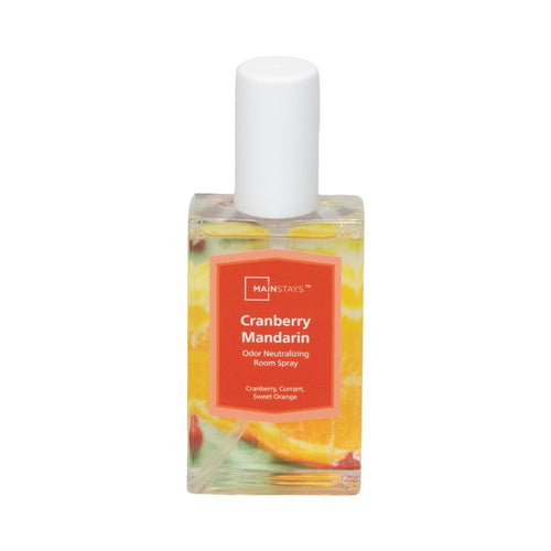 Clear rectangular Mainstays Cranberry Mandarin room spray bottle with orange label and white cap on white background