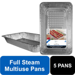 Disposable full-size aluminum steam table pan with product label and blue/black promotional callouts
