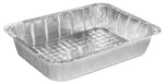Empty disposable rectangular aluminum lasagna pan shown at an angle on white background.