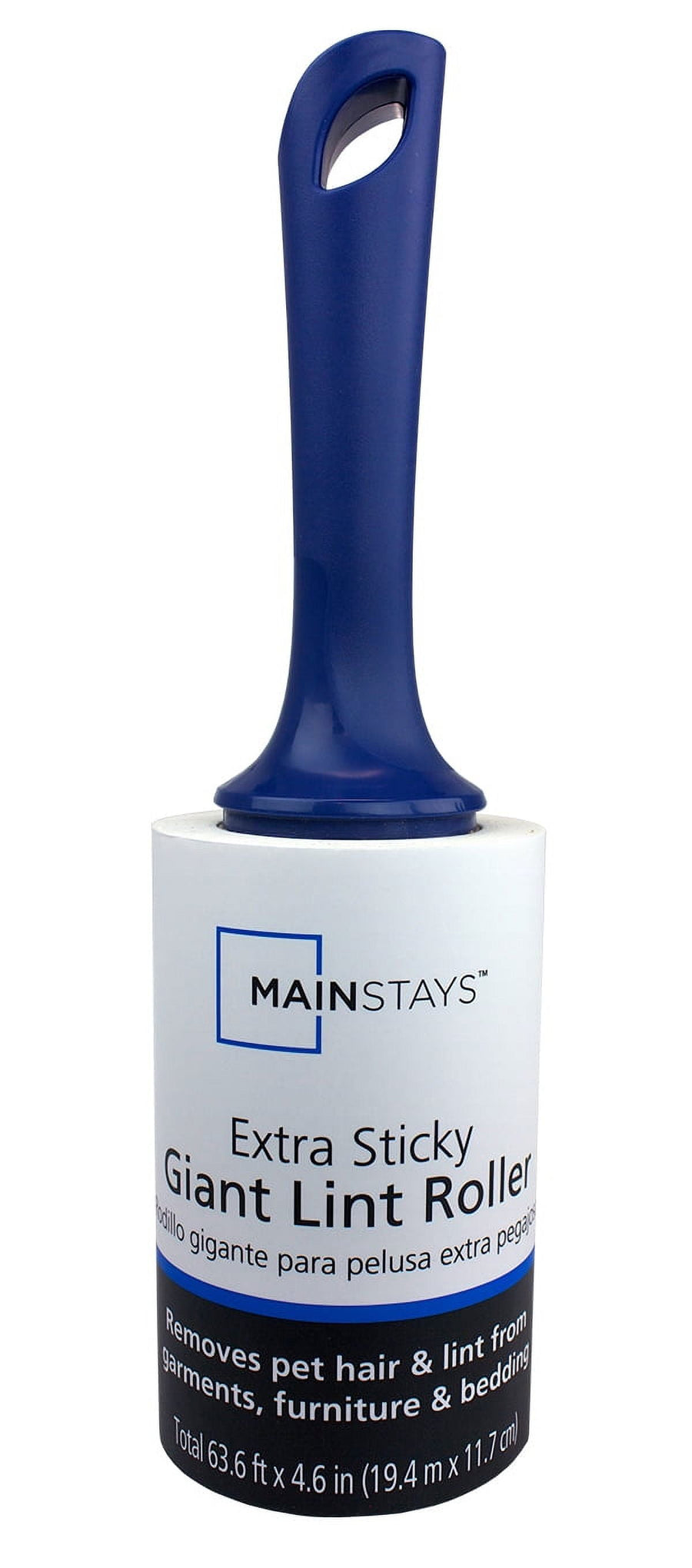Close-up front view of a Mainstays extra sticky giant lint roller with blue handle and branded label.
