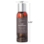 Mainstays Fall Farmhouse room spray can with dimensions annotated (1.75" width, 5.75" height) on a white background.