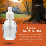 Large product graphic of a clear fragrance oil bottle over an autumn farmhouse scene with 'Fall Farmhouse' text