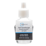 Clear glass refill bottle with white plastic cap and Mainstays Fall Farmhouse label, front view