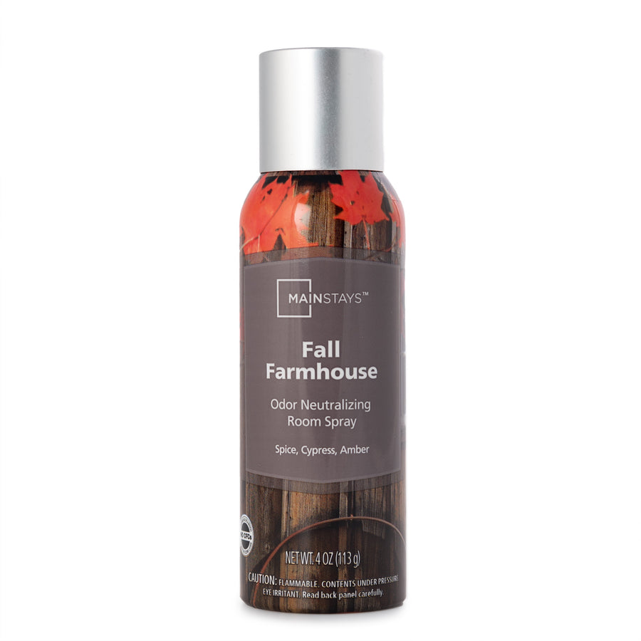 Single Mainstays Fall Farmhouse odor neutralizing room spray can with silver cap and autumn leaf label.