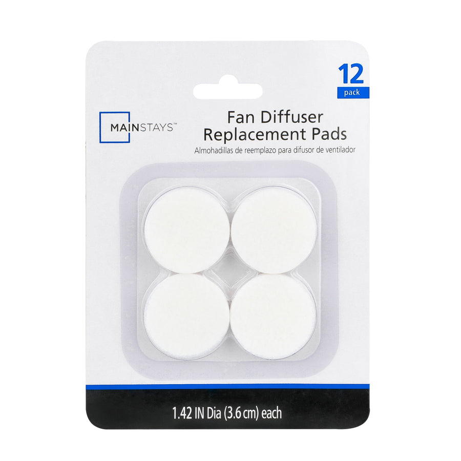 Retail blister pack showing four round white fan diffuser replacement pads with Mainstays branding and size text