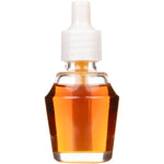 Single clear glass fragrance oil refill bottle filled with amber liquid and white cap on white background
