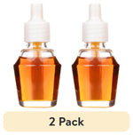 Two clear glass fragrance oil refill bottles with amber liquid and white caps labeled 2 pack
