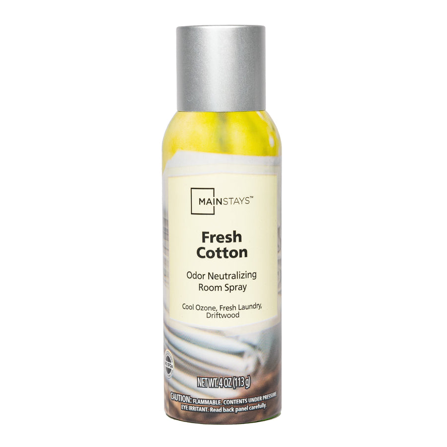 Mainstays Fresh Cotton odor neutralizing room spray aerosol can with silver cap and light label artwork.