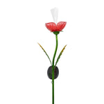 Front view of green metal stem solar garden stake topped with a red translucent rose and white fiber-optic strands