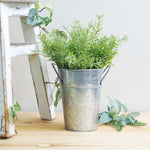 Galvanized metal bucket planter with leafy green plant beside a distressed white stool on a wooden surface