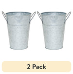Two galvanized metal bucket planters with side handles shown on a white background and a '2 Pack' label