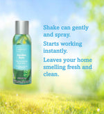 mainstays garden rain odor neutralizing room spray can on a blurred outdoor background with usage text on the right