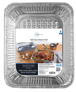 Close-up top view of Mainstays labeled half-size aluminum steam pan showing packaging label with cooked roast image