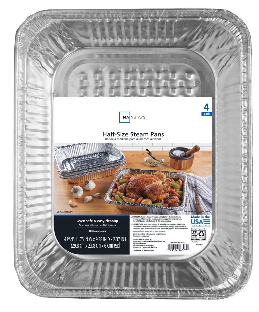 Close-up top view of Mainstays labeled half-size aluminum steam pan showing packaging label with cooked roast image