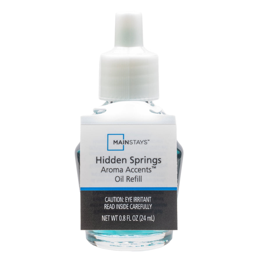 Clear glass refill bottle with blue-green fragrance oil and a white plastic screw cap label reading Hidden Springs Aroma Accents.