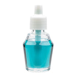 Tall clear glass refill bottle containing bright blue-green fragrance oil with a white plastic screw cap and visible central dip tube.