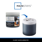 Graphic showing Mainstays branded jar and a close-up of the charcoal odor eliminator canister with arrow indicating product reveal.