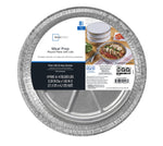 Close-up of a Mainstays labeled round aluminum meal-prep pan showing product information and plated serving photo