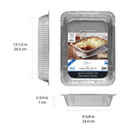 Infographic-style product image showing Mainstays aluminum lasagna pan with measurements and front label artwork.