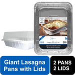 Packaged Mainstays aluminum lasagna pans with snap-on clear lids and branded label showing cooked lasagna.