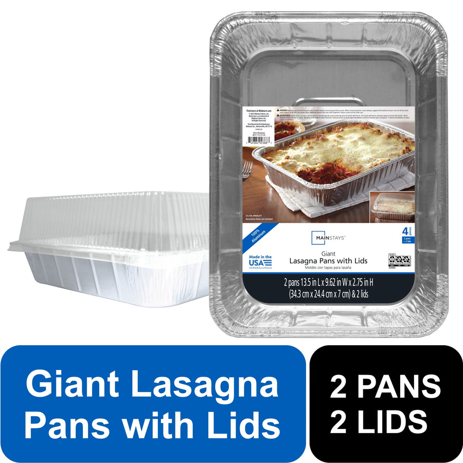 Packaged Mainstays aluminum lasagna pans with snap-on clear lids and branded label showing cooked lasagna.