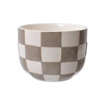 Round ceramic planter with birch gray checkered glaze, shown on white background with visible interior rim