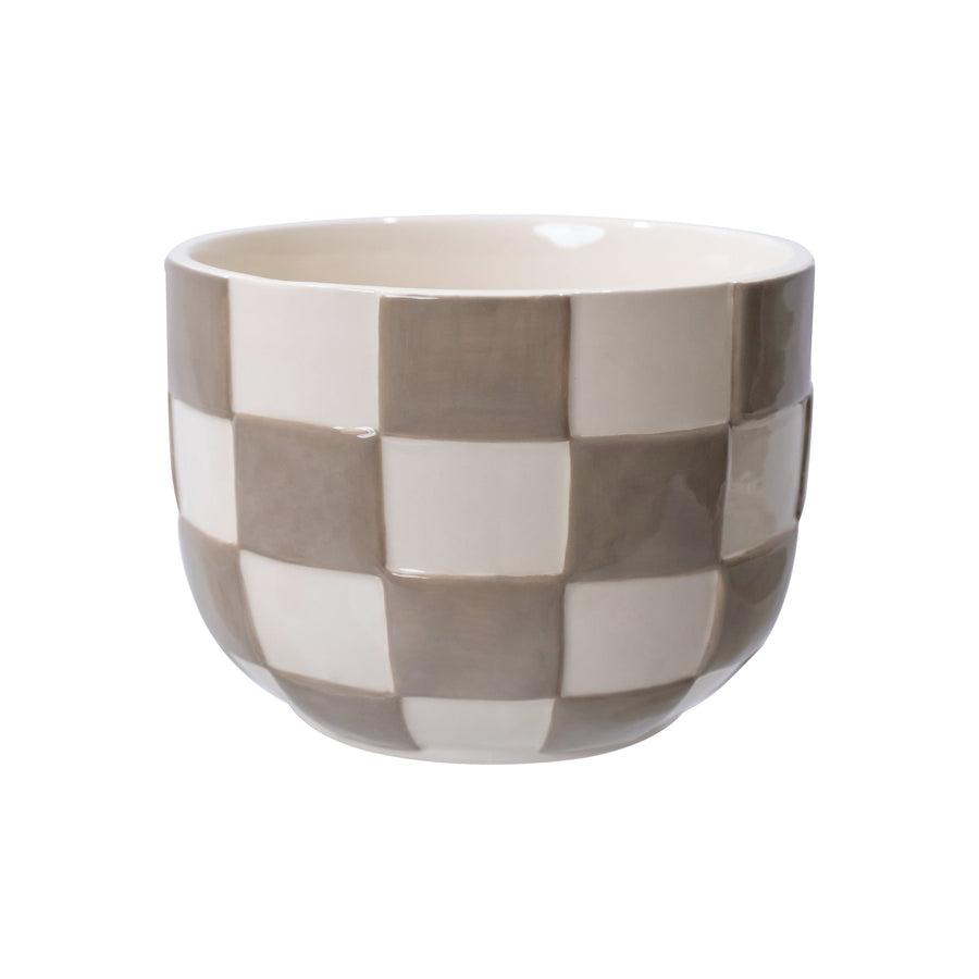 Round ceramic planter with birch gray checkered glaze, shown on white background with visible interior rim