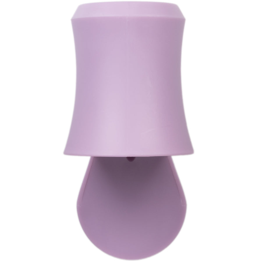 Close-up top-down view of a lilac-colored plastic fragrance plug cap and hanging hook
