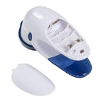 White and blue fabric shaver with battery compartment open and separate rear cover on white background