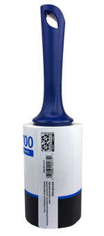 Rear view of a Mainstays lint roller showing blue handle, barcode and packaging label with '100 sheets' visible.
