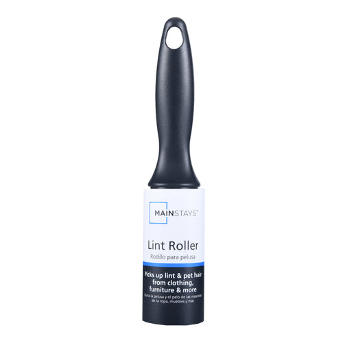 Mainstays lint roller with black ergonomic handle and branded paper label on a white background