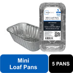 Two disposable aluminum mini loaf pans with Mainstays product label and blue callouts reading “Mini Loaf Pans” and “5 PANS”.
