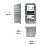 Three views of a disposable aluminum mini loaf pan showing top, side and front with printed dimensions and Mainstays label.