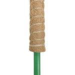 Close-up of a Mainstays moss pole showing coir fiber wrap bound with twine above a green pole section