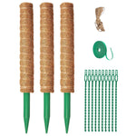 Mainstays moss pole kit layout with three coir-wrapped green stakes, twine, green plant tape and multiple green plastic ties on white background