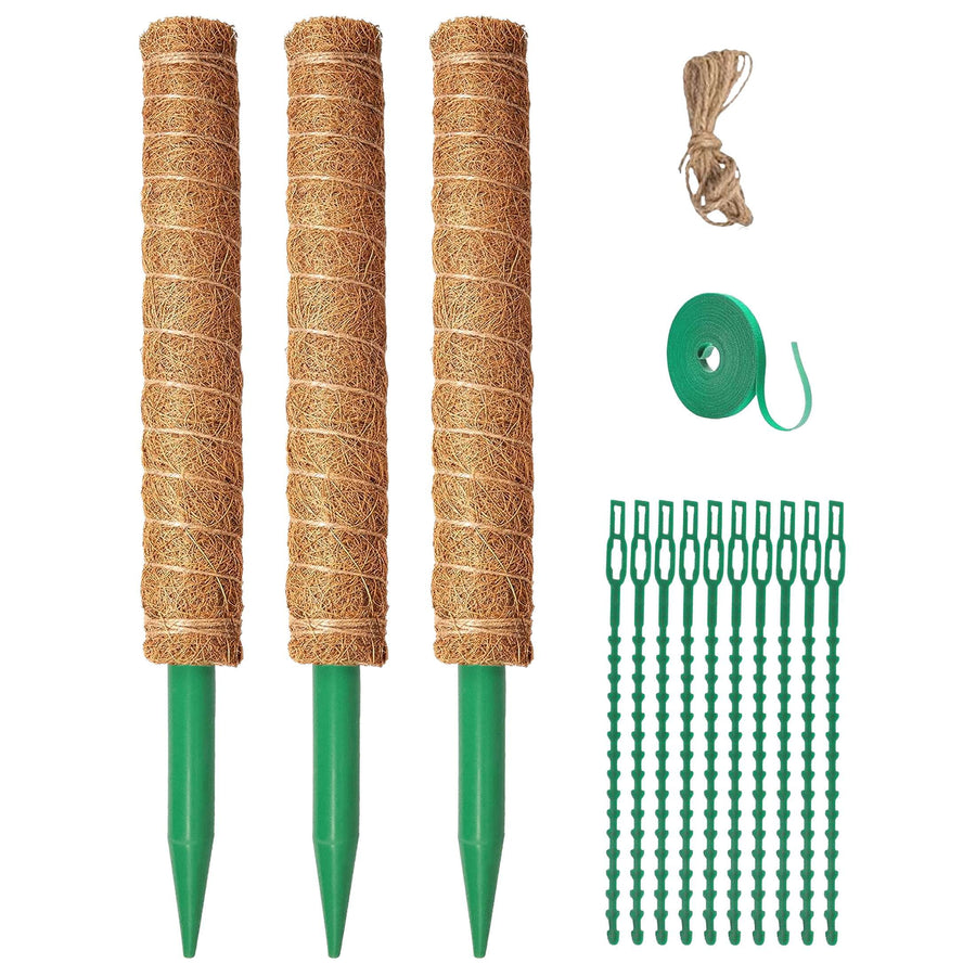 Mainstays moss pole kit layout with three coir-wrapped green stakes, twine, green plant tape and multiple green plastic ties on white background