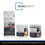 Product group image showing Mainstays packaging: odor & moisture packets and two Mainstays jars including the Charcoal Closet Odor Eliminator.