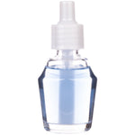 Isolated clear glass bottle of pale blue oil with white plastic top on a white background