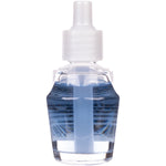 Clear refill bottle seen from front with light blue oil and visible inner wick tube against white background