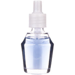 Clear Mainstays oil refill bottle with pale blue liquid, photographed on a white background.